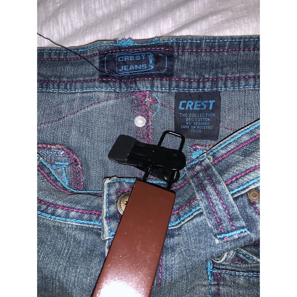 Crest Jeans Y2K Blue Jeans Skirt w/ Crochet Flowers Size 13/14 Junior - Picture 7 of 7